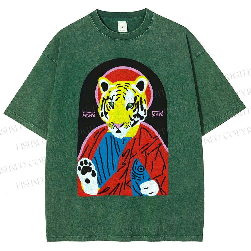 Unisex Jesus Tiger Holding A Sardine Fish Printed Washed Tee
