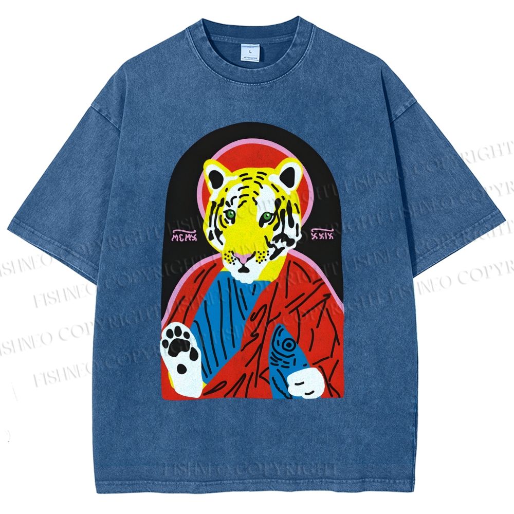 Unisex Jesus Tiger Holding A Sardine Fish Printed Washed Tee