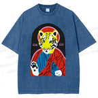 Unisex Jesus Tiger Holding A Sardine Fish Printed Washed Tee