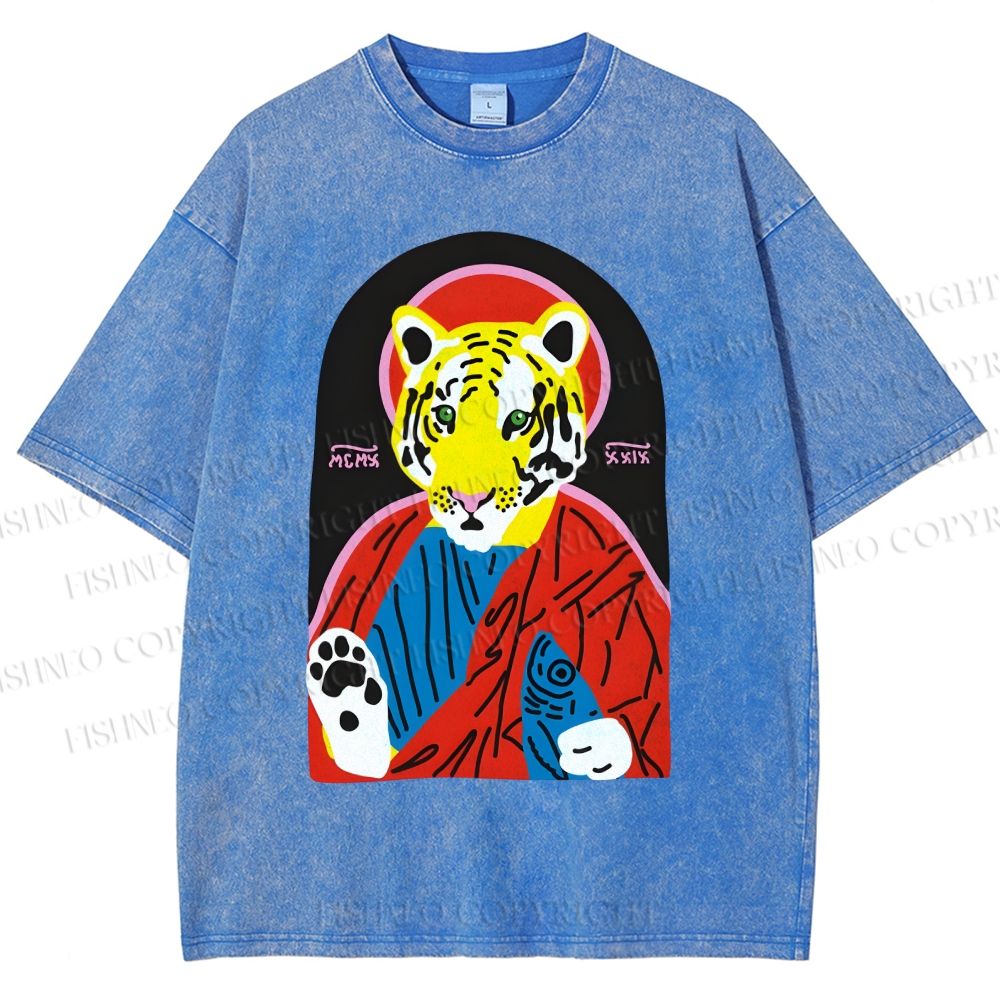 Unisex Jesus Tiger Holding A Sardine Fish Printed Washed Tee