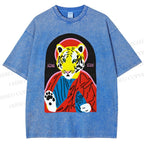Unisex Jesus Tiger Holding A Sardine Fish Printed Washed Tee
