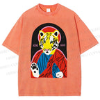 Unisex Jesus Tiger Holding A Sardine Fish Printed Washed Tee