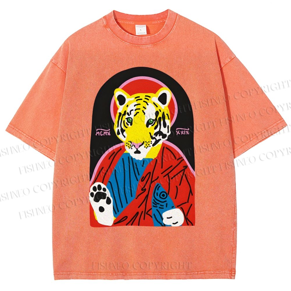 Unisex Jesus Tiger Holding A Sardine Fish Printed Washed Tee