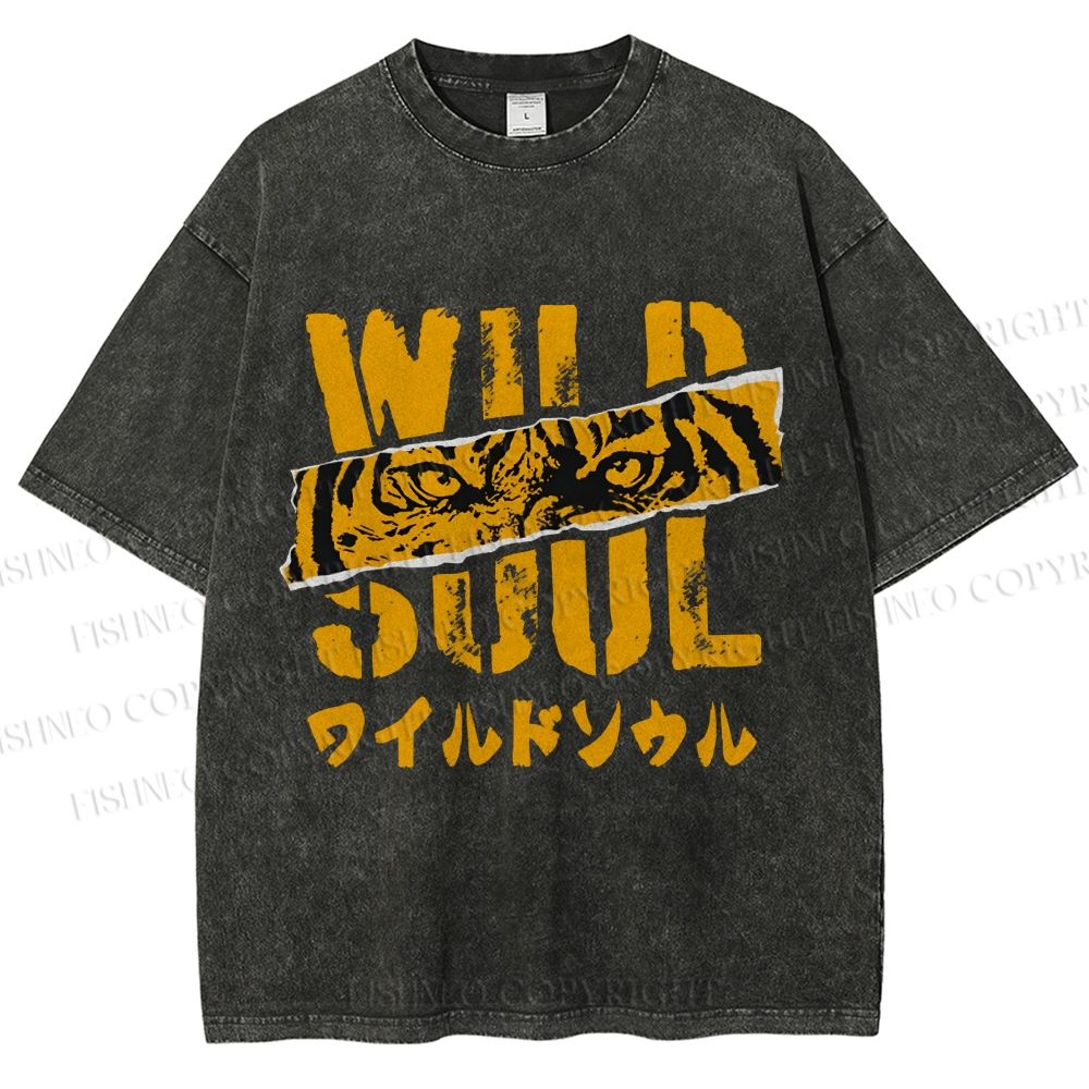Unisex Wild Soul Tiger Japanese Printed Washed Tee