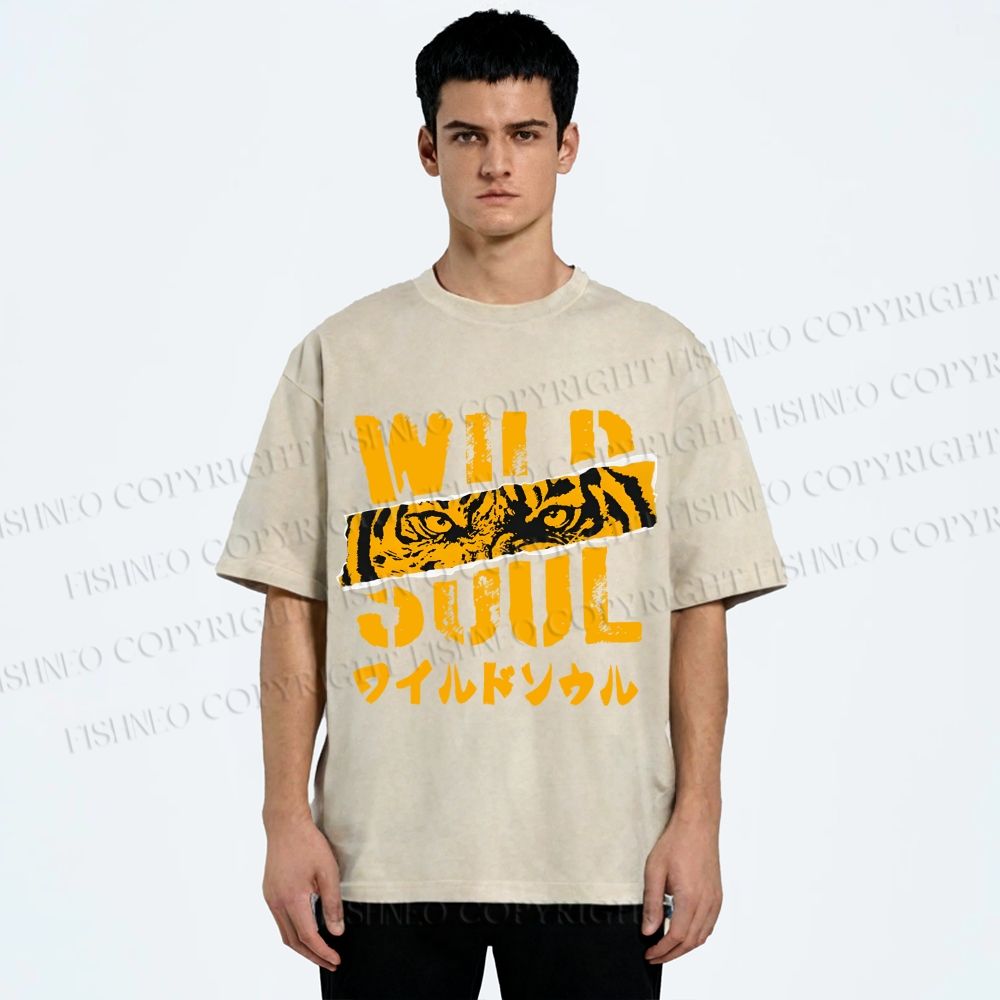 Unisex Wild Soul Tiger Japanese Printed Washed Tee