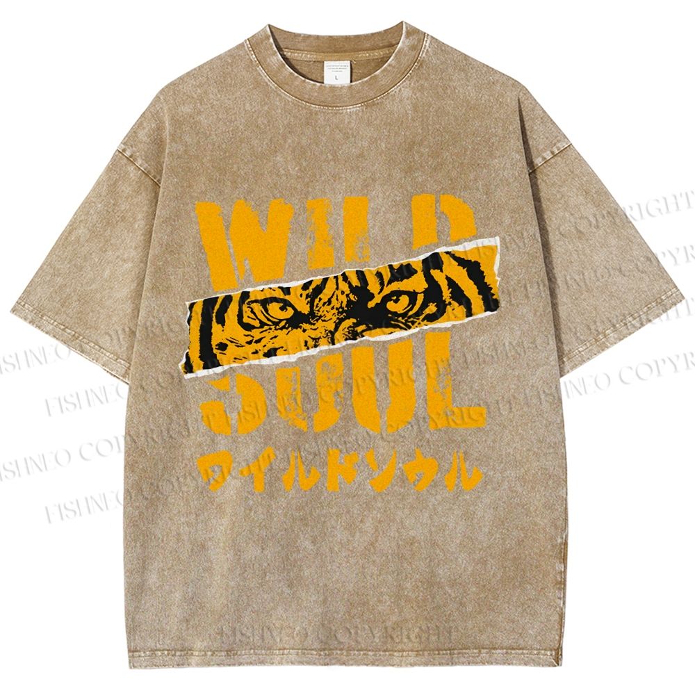 Unisex Wild Soul Tiger Japanese Printed Washed Tee