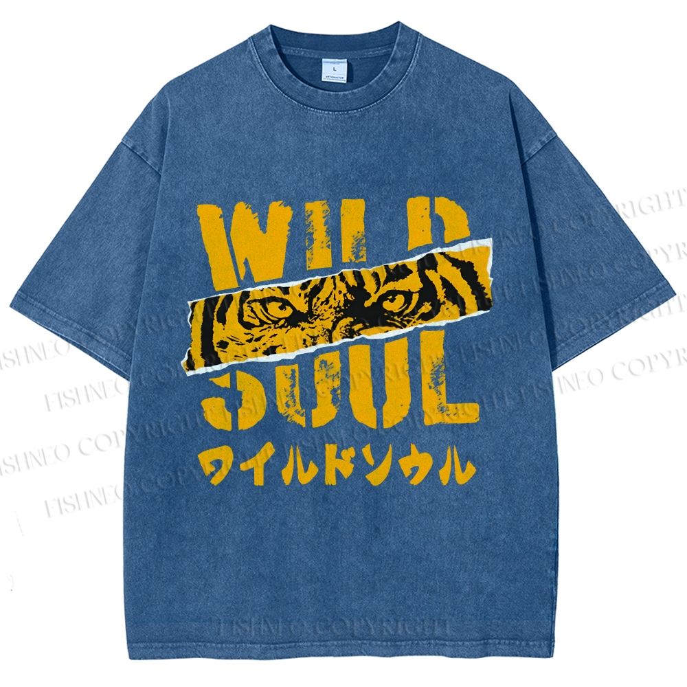 Unisex Wild Soul Tiger Japanese Printed Washed Tee