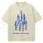 Unisex Sardine Christmas Lights Printed Washed Tee