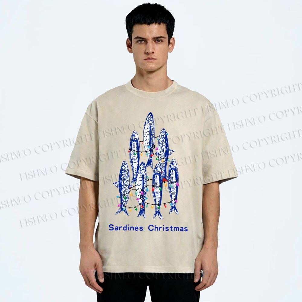 Unisex Sardine Christmas Lights Printed Washed Tee