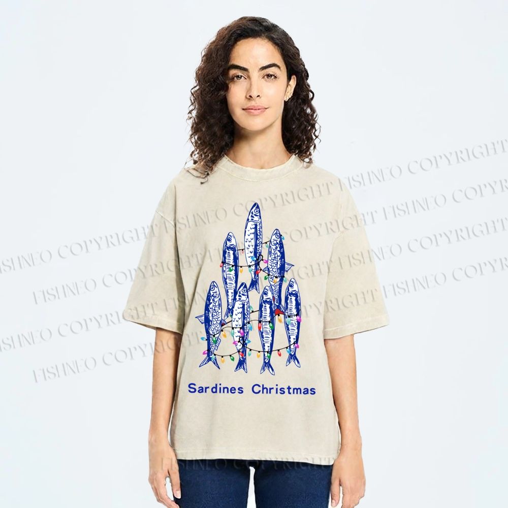 Unisex Sardine Christmas Lights Printed Washed Tee