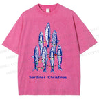 Unisex Sardine Christmas Lights Printed Washed Tee