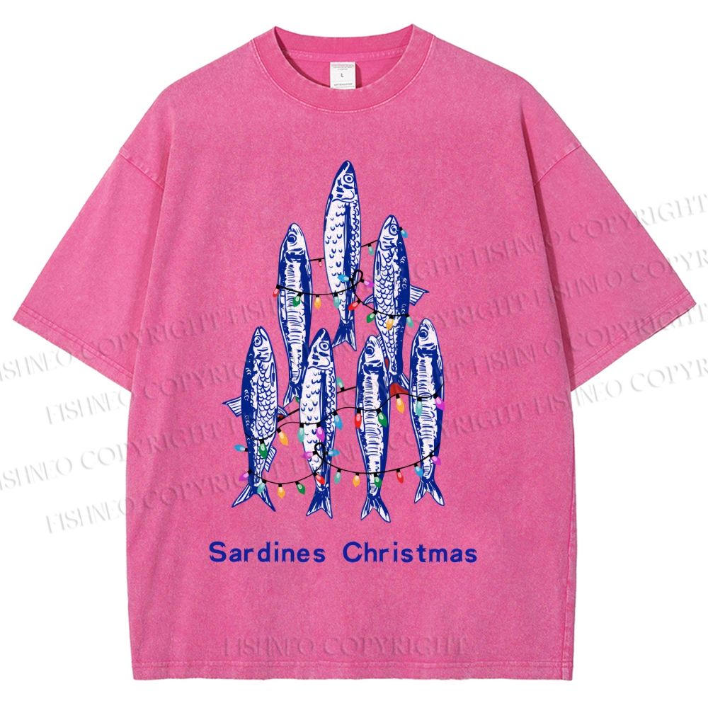 Unisex Sardine Christmas Lights Printed Washed Tee