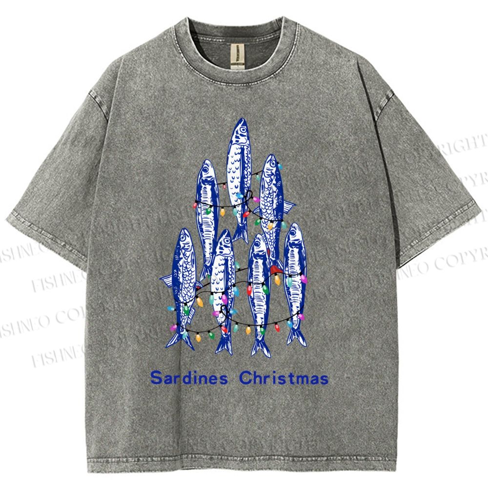Unisex Sardine Christmas Lights Printed Washed Tee