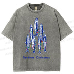 Unisex Sardine Christmas Lights Printed Washed Tee
