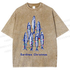 Unisex Sardine Christmas Lights Printed Washed Tee