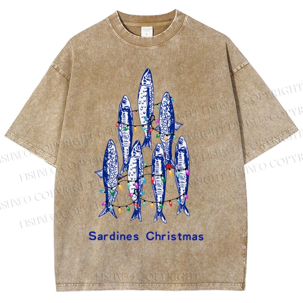 Unisex Sardine Christmas Lights Printed Washed Tee