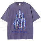 Unisex Sardine Christmas Lights Printed Washed Tee