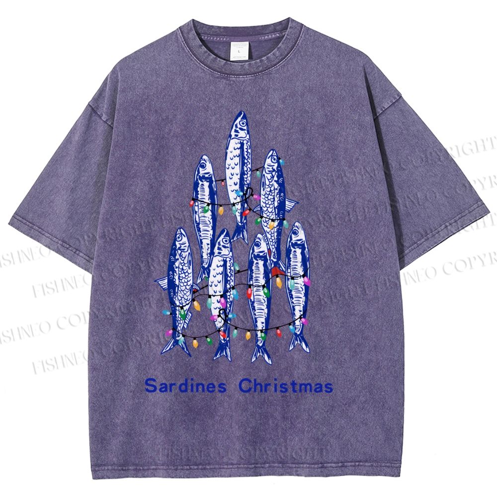 Unisex Sardine Christmas Lights Printed Washed Tee