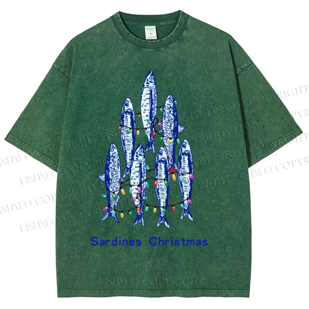 Unisex Sardine Christmas Lights Printed Washed Tee