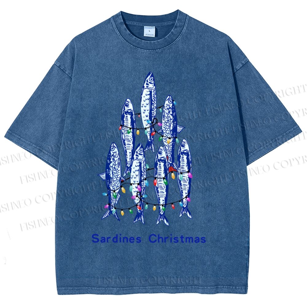 Unisex Sardine Christmas Lights Printed Washed Tee
