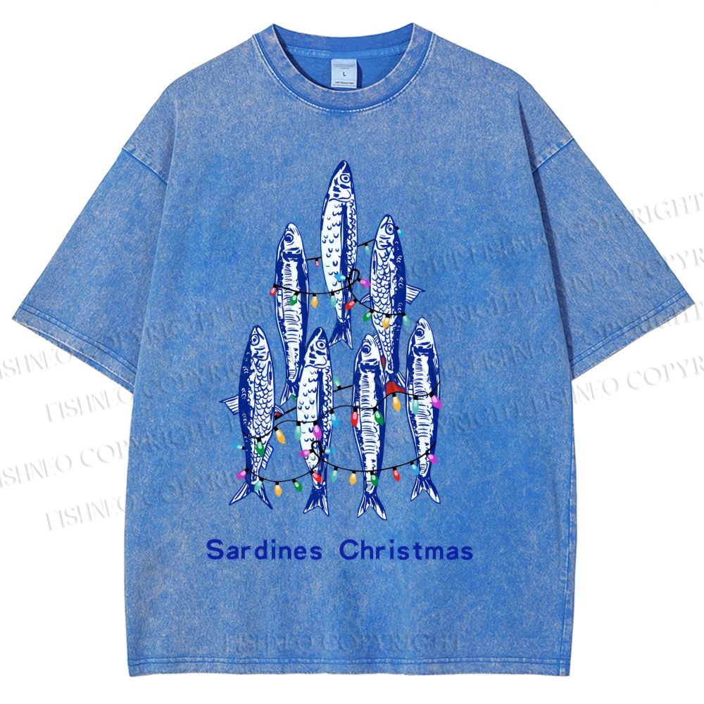 Unisex Sardine Christmas Lights Printed Washed Tee