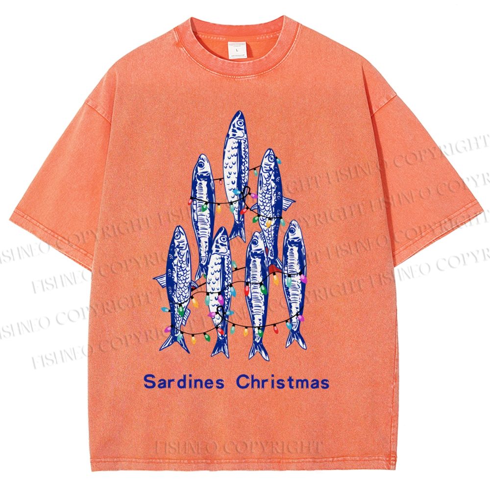 Unisex Sardine Christmas Lights Printed Washed Tee