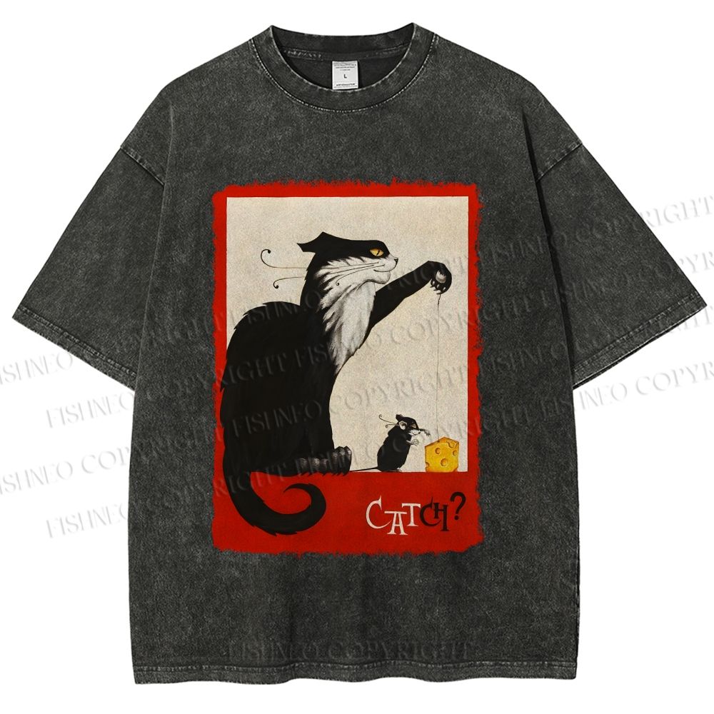 Unisex Black Cat Catch Rat With Cheese Printed Washed Tee