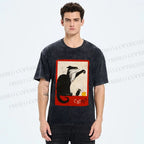 Unisex Black Cat Catch Rat With Cheese Printed Washed Tee