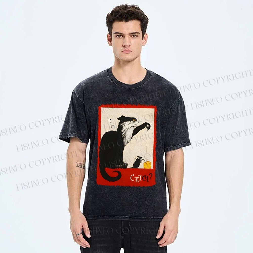Unisex Black Cat Catch Rat With Cheese Printed Washed Tee