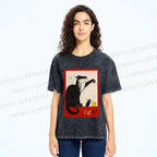 Unisex Black Cat Catch Rat With Cheese Printed Washed Tee