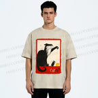 Unisex Black Cat Catch Rat With Cheese Printed Washed Tee