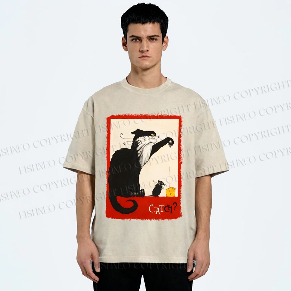 Unisex Black Cat Catch Rat With Cheese Printed Washed Tee