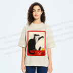 Unisex Black Cat Catch Rat With Cheese Printed Washed Tee