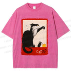 Unisex Black Cat Catch Rat With Cheese Printed Washed Tee