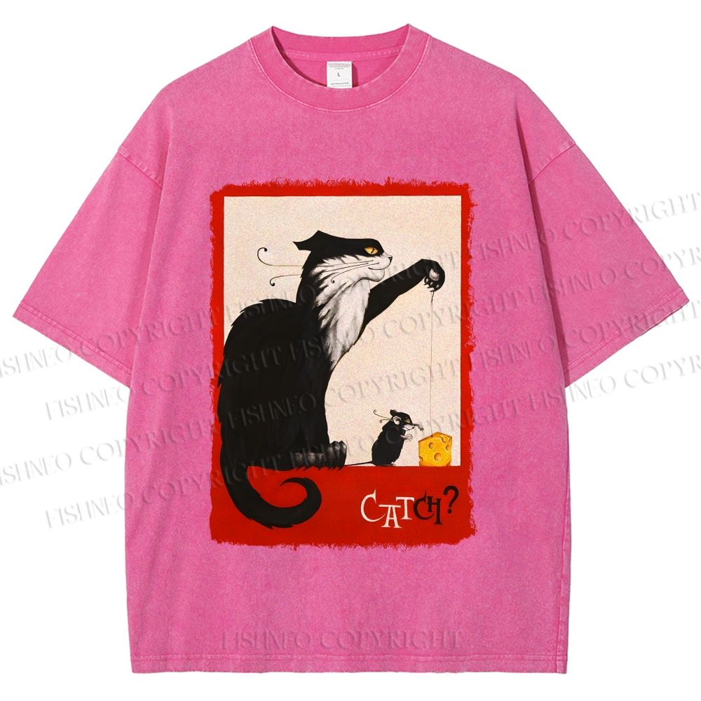 Unisex Black Cat Catch Rat With Cheese Printed Washed Tee