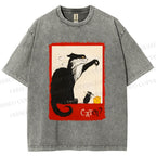 Unisex Black Cat Catch Rat With Cheese Printed Washed Tee