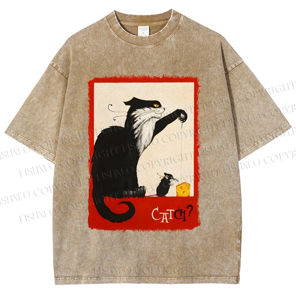 Unisex Black Cat Catch Rat With Cheese Printed Washed Tee