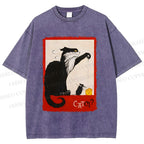Unisex Black Cat Catch Rat With Cheese Printed Washed Tee