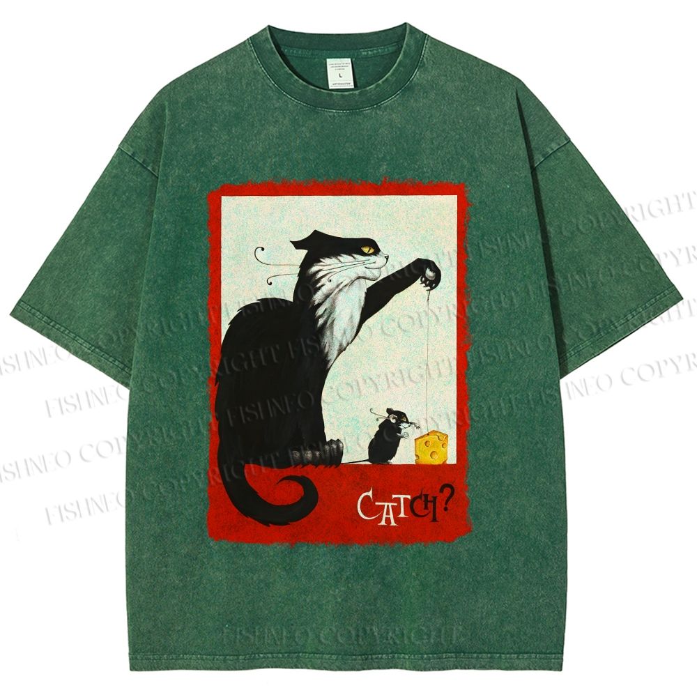 Unisex Black Cat Catch Rat With Cheese Printed Washed Tee