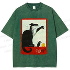 Unisex Black Cat Catch Rat With Cheese Printed Washed Tee
