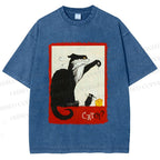 Unisex Black Cat Catch Rat With Cheese Printed Washed Tee