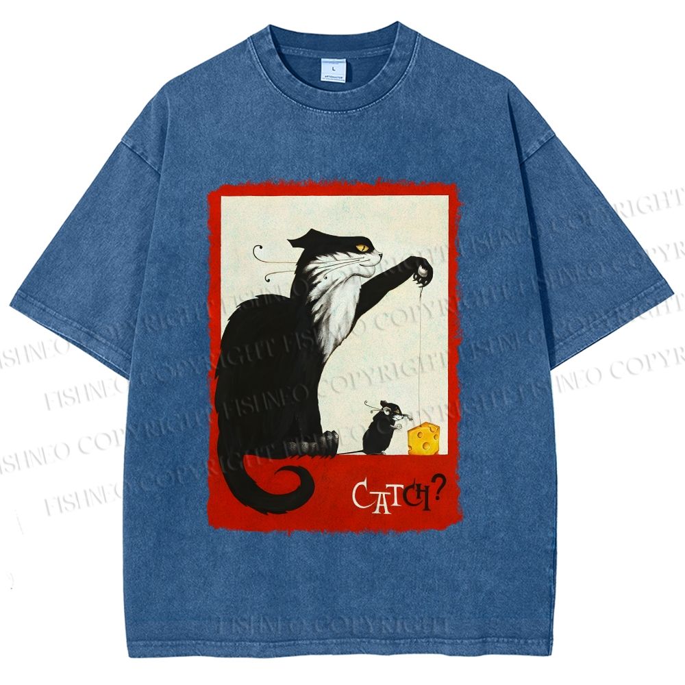 Unisex Black Cat Catch Rat With Cheese Printed Washed Tee