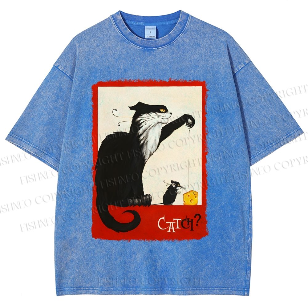 Unisex Black Cat Catch Rat With Cheese Printed Washed Tee