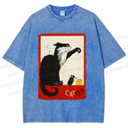 Unisex Black Cat Catch Rat With Cheese Printed Washed Tee