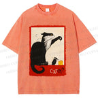 Unisex Black Cat Catch Rat With Cheese Printed Washed Tee