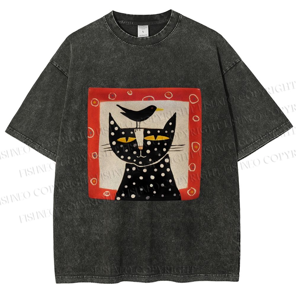 Unisex Black Cat With Black Bird Printed Washed Tee