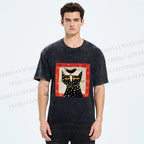 Unisex Black Cat With Black Bird Printed Washed Tee