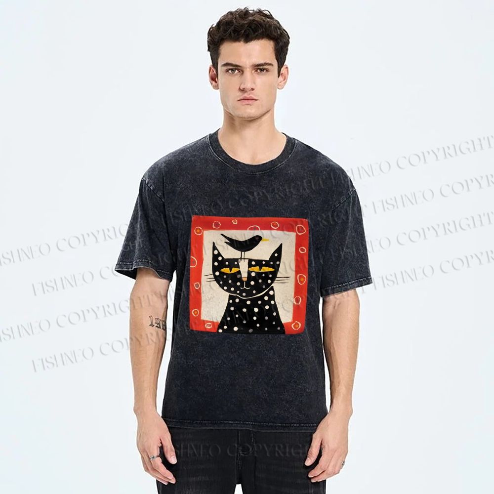 Unisex Black Cat With Black Bird Printed Washed Tee