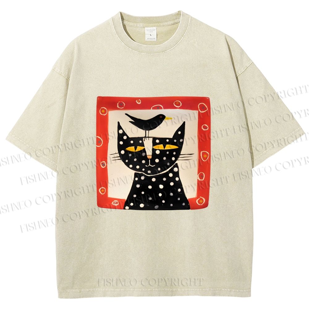 Unisex Black Cat With Black Bird Printed Washed Tee