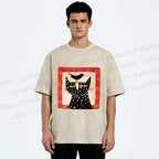 Unisex Black Cat With Black Bird Printed Washed Tee